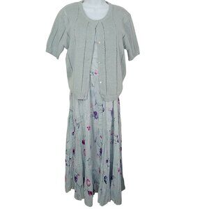 Vintage 90s 2-pc Set Floral Tank Dress & Cardigan Sweater Knit Linen Cotton M/L